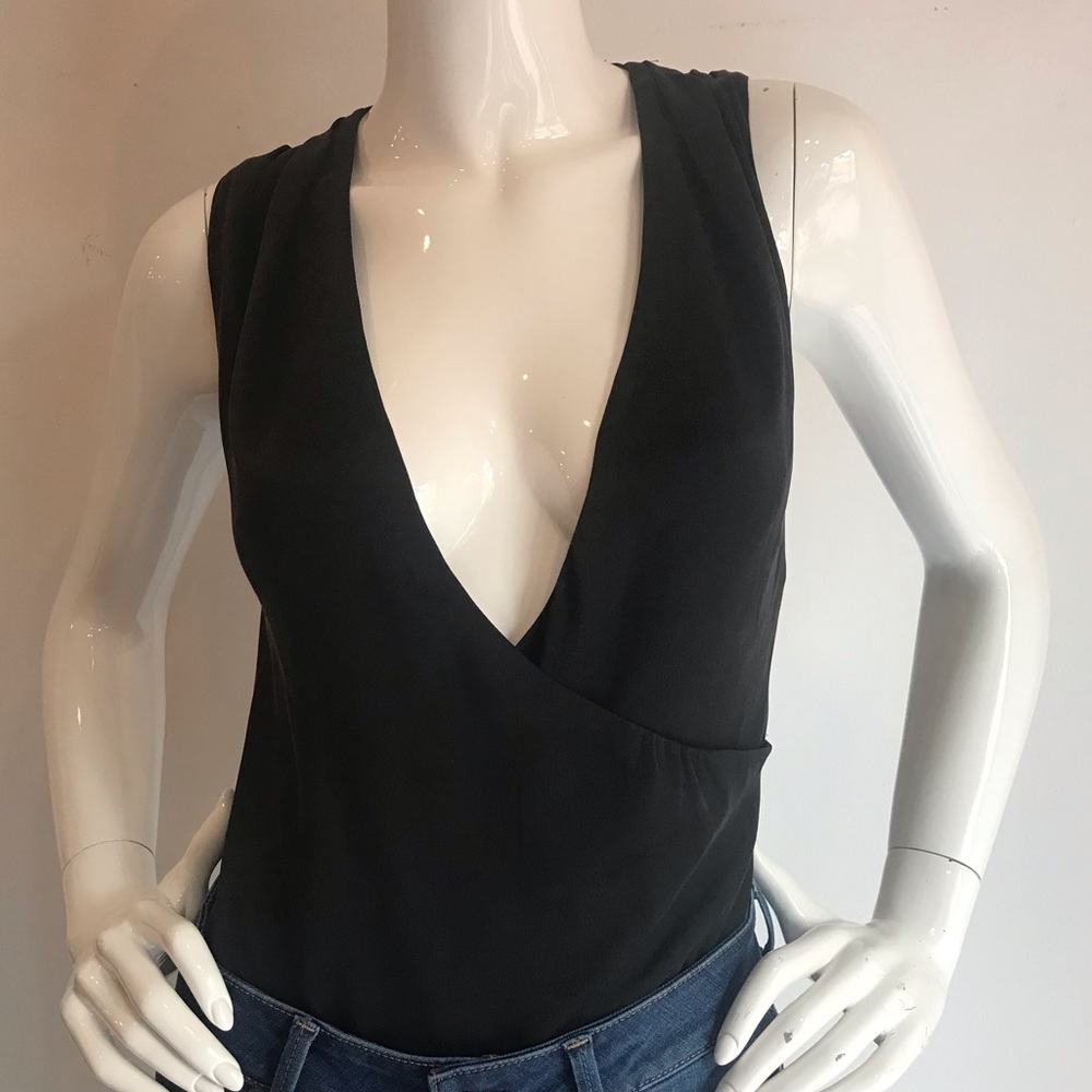 Silk Sleeveless Faux Wrap Bodysuit Top